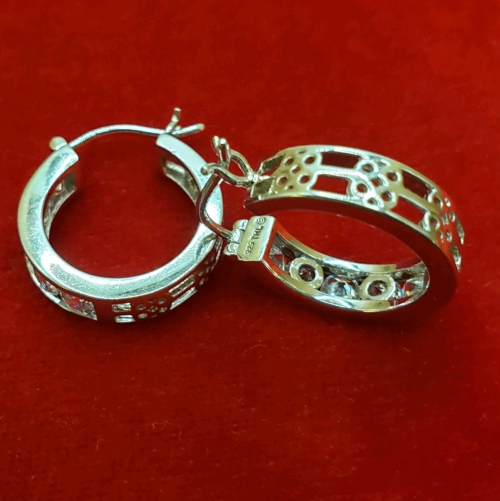 Sterling Silver 4mm Cubic Zirconia CZ Hoop Earrings - Picture 2 of 7